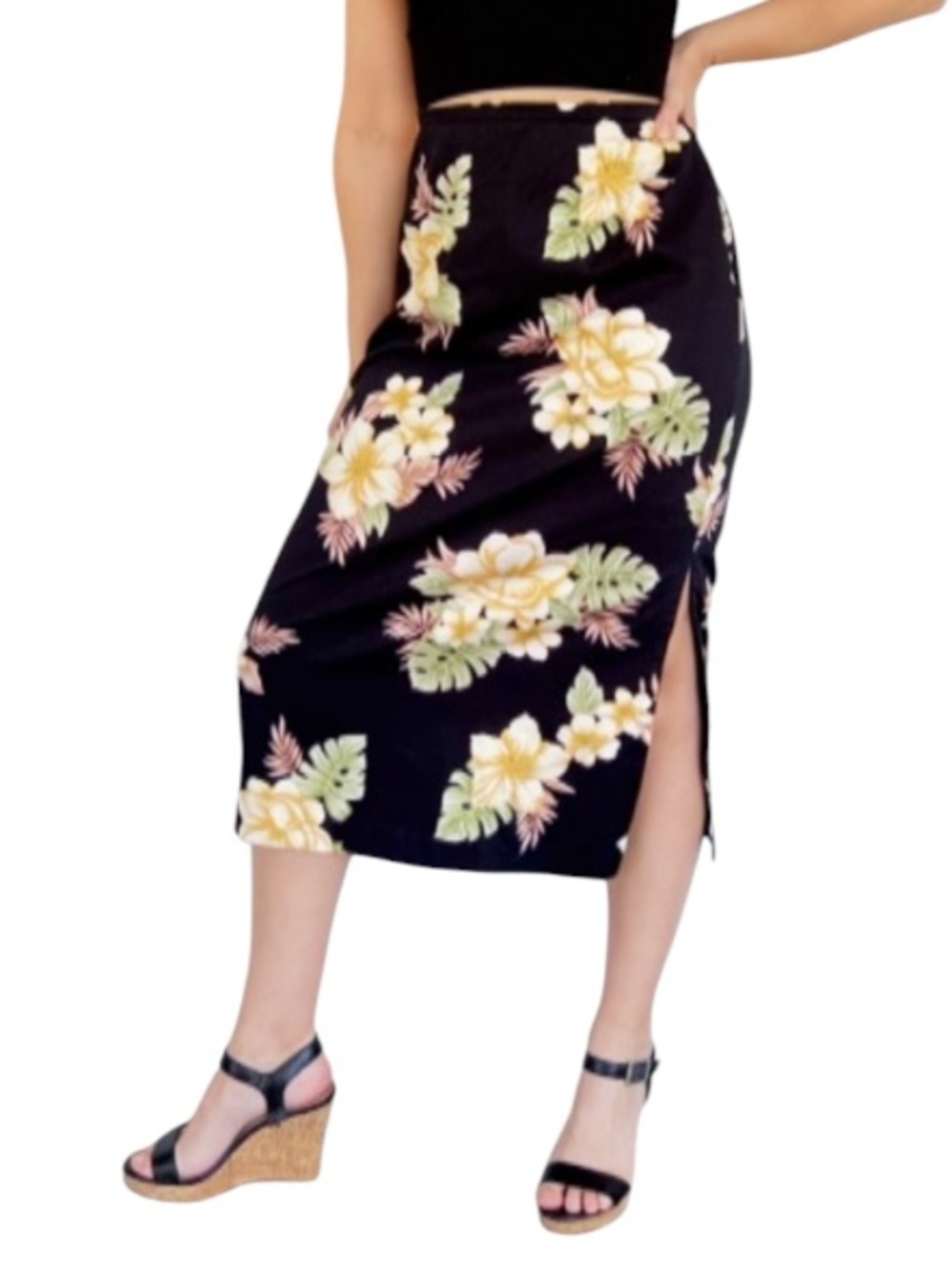 Vintage Christina Hope pale yellow black floral print cotton midi skirt size 12P